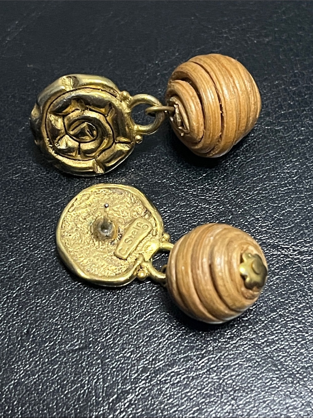 Vintage Signed C. Stein Gold Tone Rose & Coiled Ball Dangle Earrings